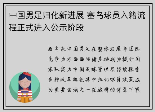 中国男足归化新进展 塞鸟球员入籍流程正式进入公示阶段
